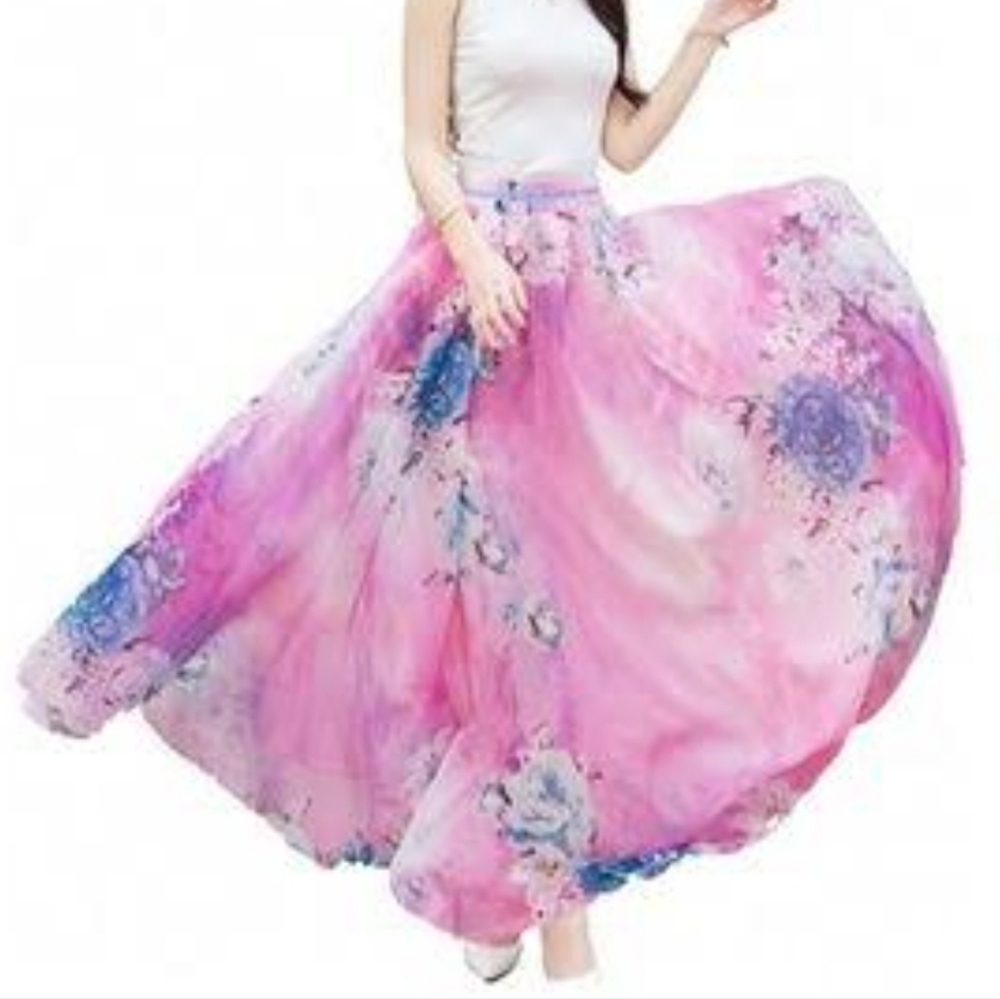A fib i floral chiffon maxi skirt feminine flowy romantic lined assymetrical